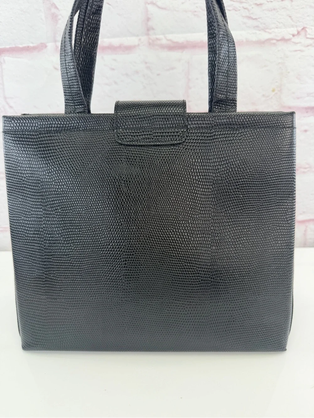 Salvatore Ferragamo Black Lizard-Embossed Top-Handle Satchel Vintage